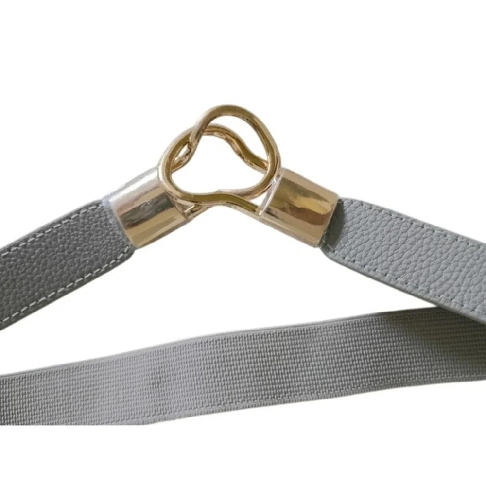 Womens Grey Elastic‎ Waist Cinch Belt Gold Interlocking Infinity Buckle 29 Inch